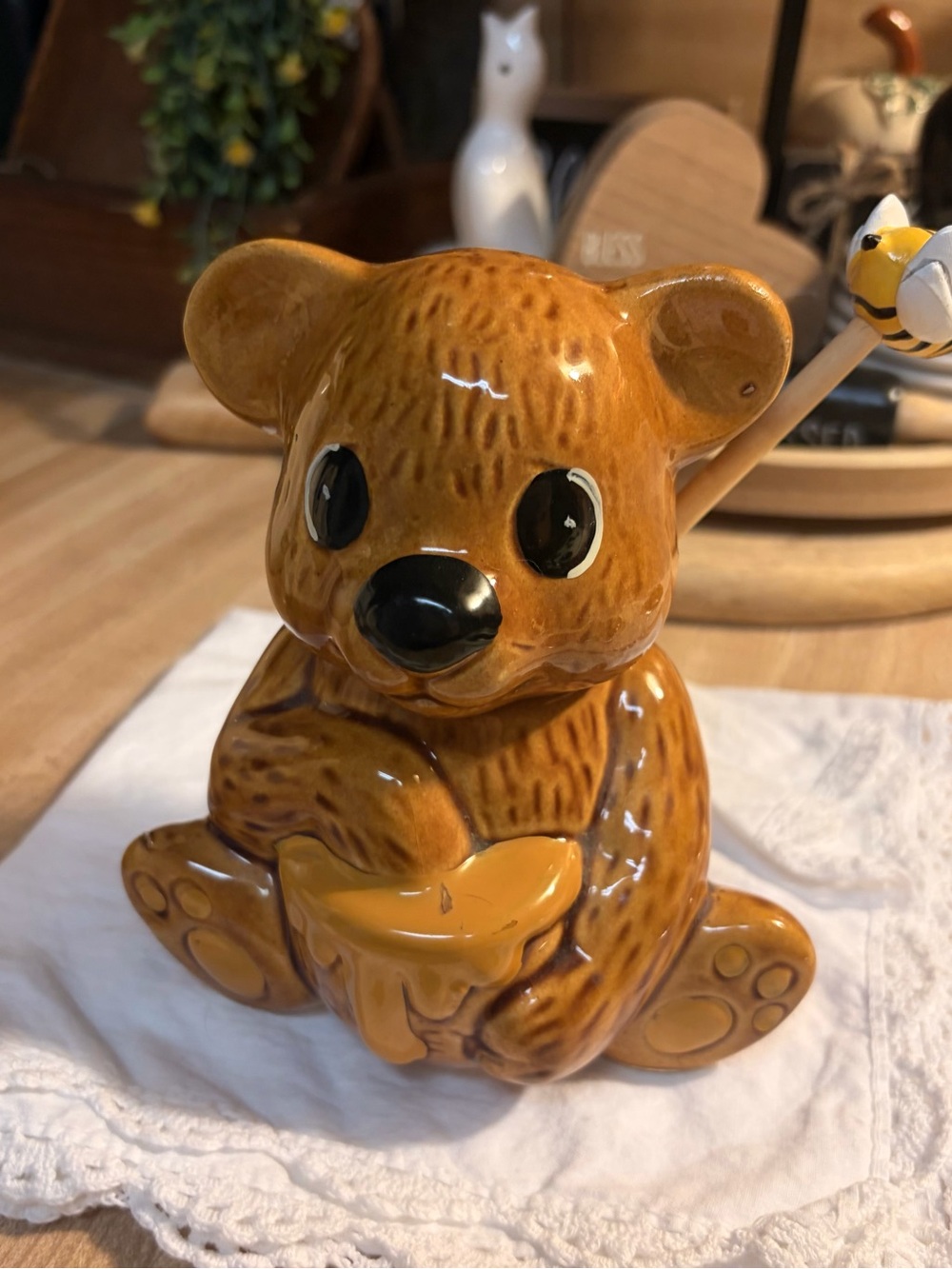 Vintage Ceramic Bear Figurine Holding Honey - Glossy Brown